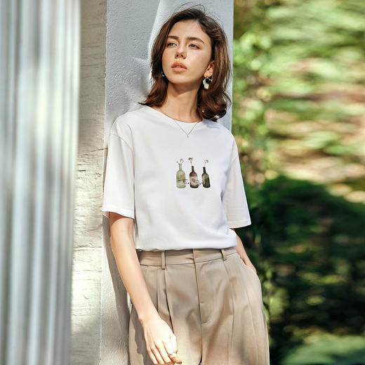 OLrain欧芮儿白色圆领印花T恤女夏季2025年新款宽松休闲短袖上衣 商品图0