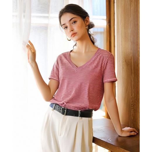 OLrain欧芮儿V领细条纹短袖休闲T恤女夏季2025年新款百搭宽松上衣 商品图0