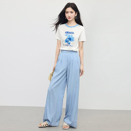 【专属特价】熙世界油画感印花T恤短袖女夏季新款休闲复古文艺风撞色圆领上衣 商品图4