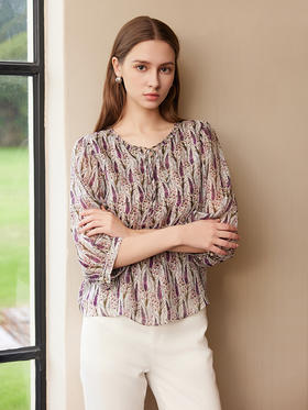 【真丝印花上衣】25年夏季女士新品100%桑蚕丝印花V领系带上衣