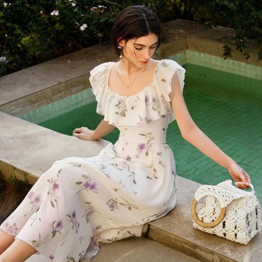 OLrain欧芮儿紫色温柔法式连衣裙女夏季2025新款方领收腰显瘦长裙 商品图2