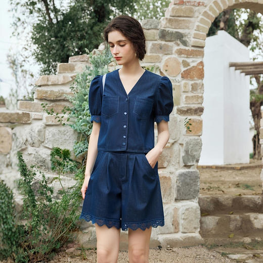 olrain欧芮儿洗水牛仔拼接蕾丝套装女夏季2025新款时尚休闲两件套 商品图2