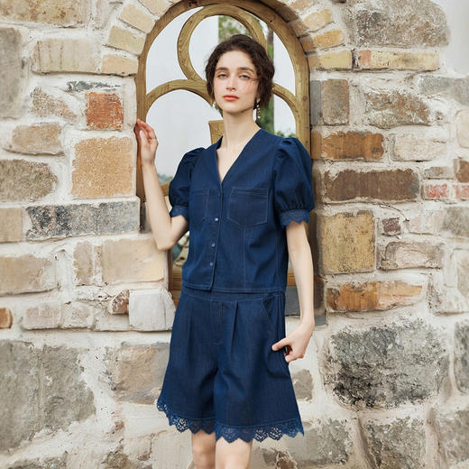 olrain欧芮儿洗水牛仔拼接蕾丝套装女夏季2025新款时尚休闲两件套 商品图0