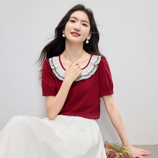 【专属特价】熙世界法式荷叶边领短袖T恤女2025夏新款气质超好看独特漂亮上衣 商品图2