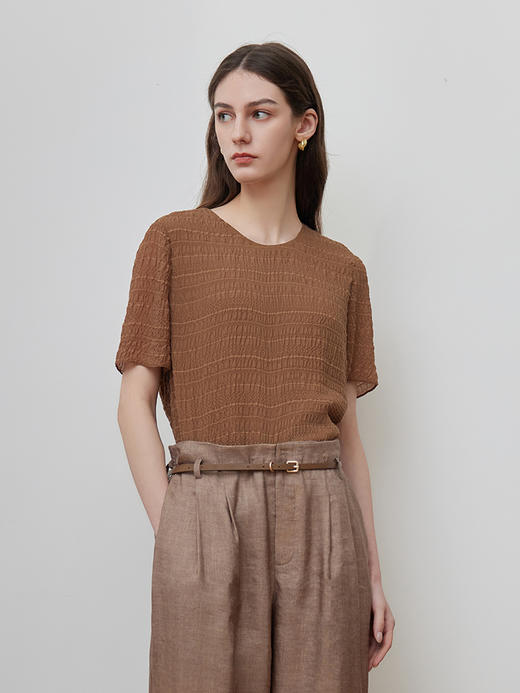 【条纹褶皱T恤】25年夏季女士新品女士圆领桑蚕丝条纹短袖上衣 商品图0