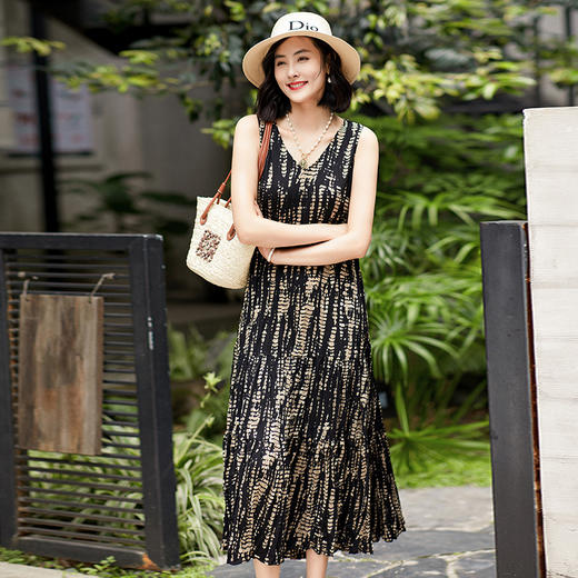 丁摩 夏季新品女装无袖清凉百褶印花长款连衣裙5ZF-100001 商品图1