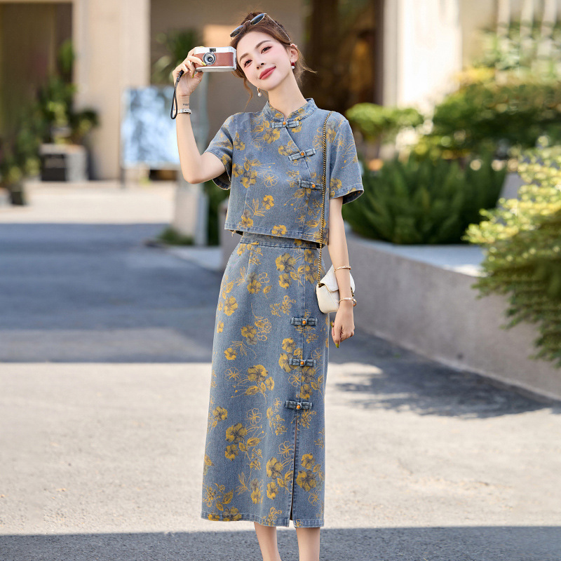 新中式国风套装，时尚气质印花天丝牛仔上衣半身裙两件套HR-GJC2556