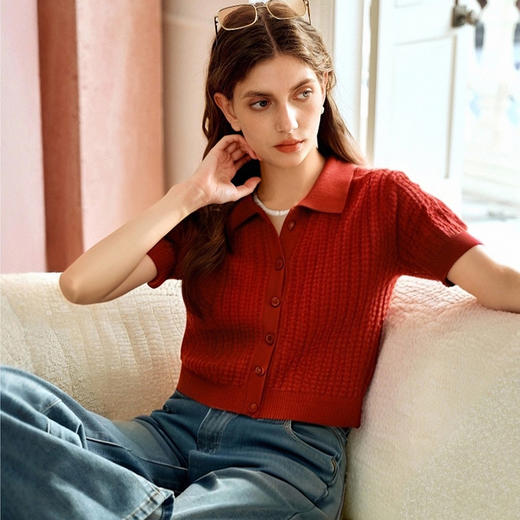 OLrain欧芮儿红色简约通勤毛针织开衫女夏季2025新款翻领短款T恤 商品图0