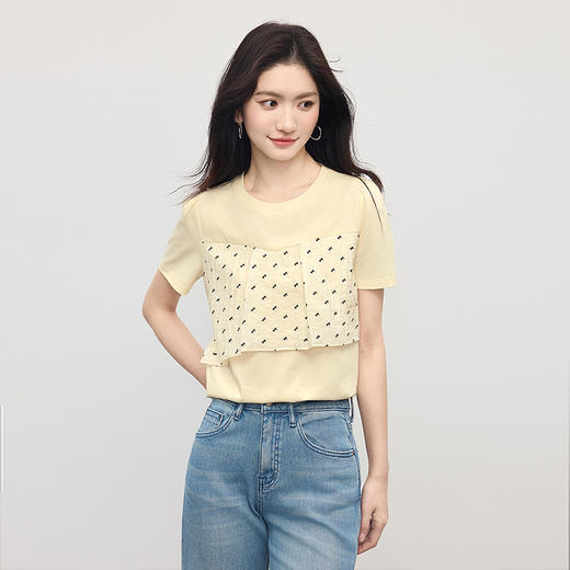 【初夏新品】熙世界蝴蝶结印花拼接短袖T恤女夏日淡人穿搭设计感圆领正肩上衣 商品图2