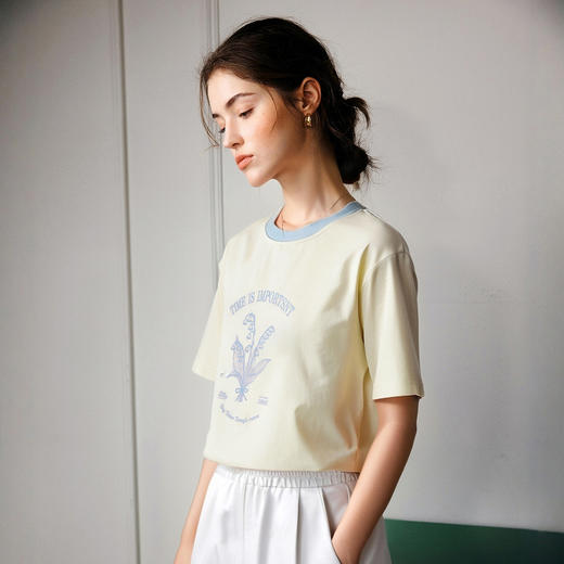 OLrain欧芮儿撞色印花图案宽松休闲T恤女夏季2025年新款短袖上衣 商品图2