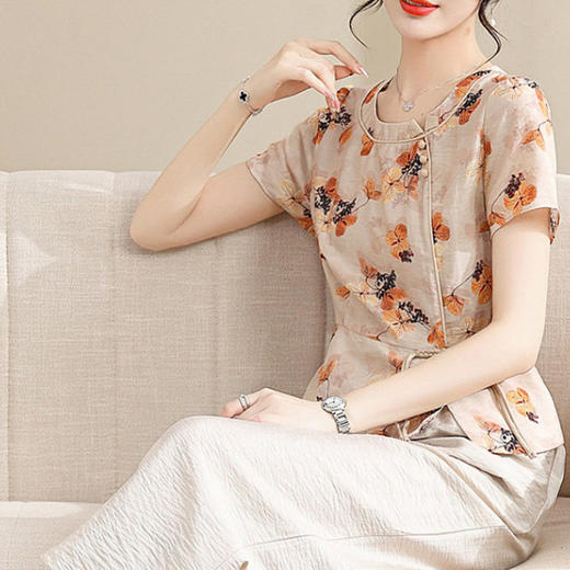 对音夏季休闲透气宽松大码妈妈装新中式盘扣花卉套装JK-Z2357 商品图0