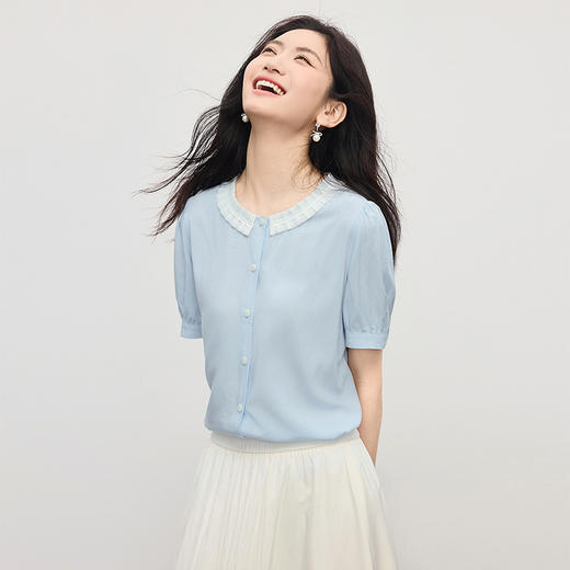 【专属特价】熙世界法式压褶花边领衬衫女士短袖2025夏日新款高级感泡泡袖上衣 商品图2