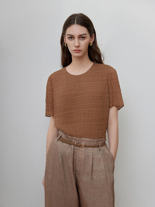 【条纹褶皱T恤】25年夏季女士新品女士圆领桑蚕丝条纹短袖上衣 商品图2