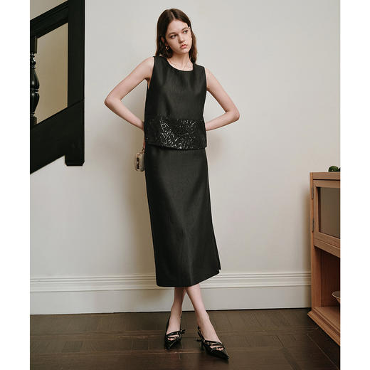 OLrain欧芮儿2025夏季新款黑色拼接亮片高阶感半裙套装时尚两件套 商品图0