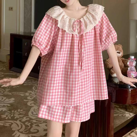 【蕾丝点缀！显玲珑】睡衣女夏季短袖短裤韩版甜美蕾丝格子家居服套装爆款。ry 商品图5