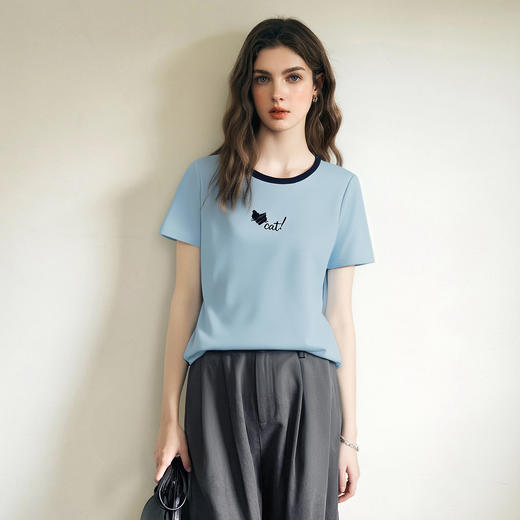 OLrain欧芮儿蓝色撞色领短袖T恤女夏季2025新款简约休闲圆领上衣 商品图3