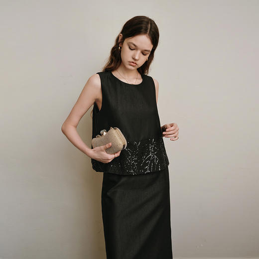 OLrain欧芮儿2025夏季新款黑色拼接亮片高阶感半裙套装时尚两件套 商品图2