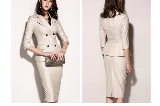 “湖海庄园”J8102288B 颈袖添香品牌冬装新款高端OL职业装气质修身羊毛条纹套装女套裙J8102288B 商品图1