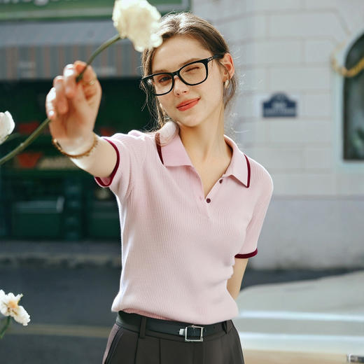 OLrain欧芮儿粉色POLO领通勤风毛针织套头衫女夏季2025年新款小衫 商品图2