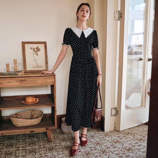 OLrain欧芮儿黑色法式撞色翻领气质连衣裙女夏2025新款碎花茶歇裙 商品图3