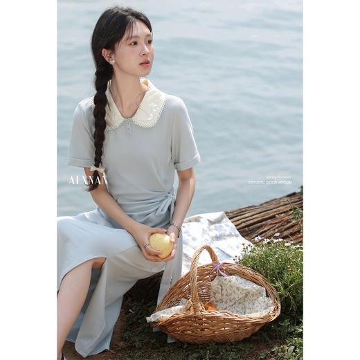 【6折秒杀】鹿向南「木浦夏日」气质翻领女夏连衣裙宽松短袖收腰侧开叉长款裙DYL661811 商品图4