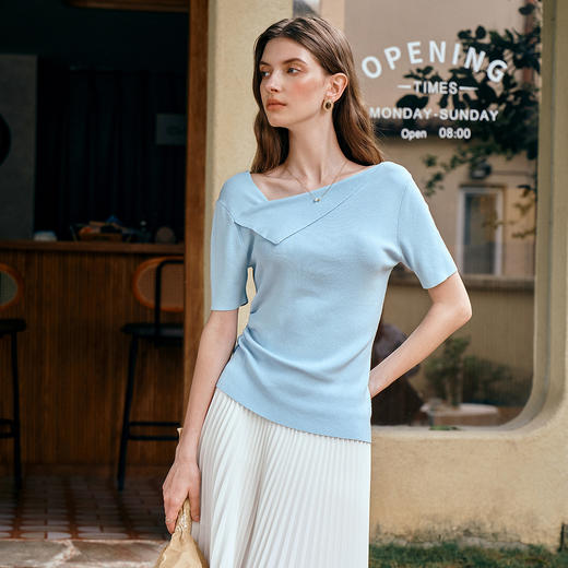 Olrain欧芮儿斜领设计感法式针织衫女2025年夏季新款时尚修身上衣 商品图0