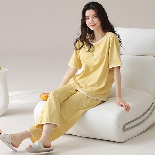 夏季莫代尔睡衣女士短袖长裤带胸垫家居服字母印花凉爽休闲套装   JL-LGM6019/LGM6022 商品图0