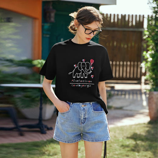 OLrain欧芮儿黑色绣花设计感T恤女夏季2025新款宽松显瘦洋气上衣 商品图0