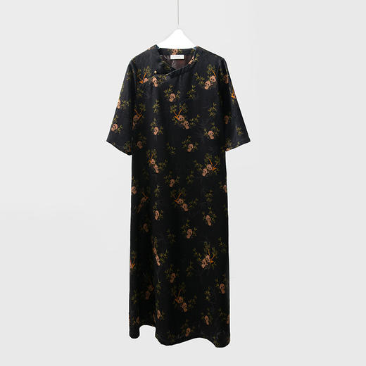 丁摩 真丝缎面绞萝香云纱提花连衣裙长裙 熊猫中式桑蚕丝改良旗袍裙5ZF-078 商品图0