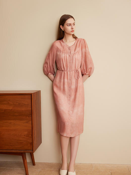 【圆领系带真丝裙】25年夏季新品女士100%桑蚕丝时尚七分袖真丝裙子 商品图0