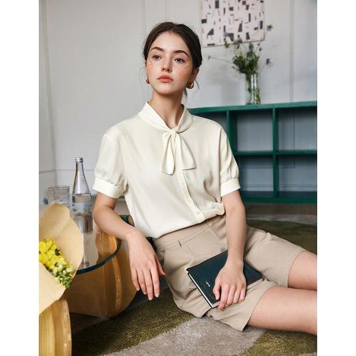 OLrain欧芮儿米白色法式飘带衬衫女夏季2025新款小众别致减龄衬衣 商品图2