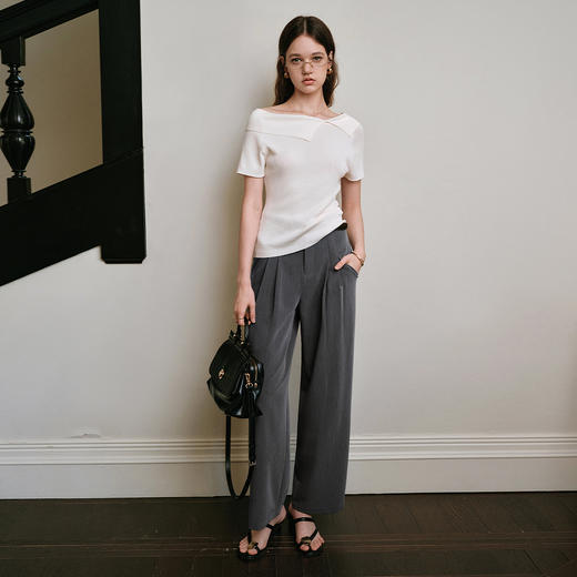 OLrain欧芮儿白色不对称领毛针织套头衫女夏季2025年新款通勤上衣 商品图2