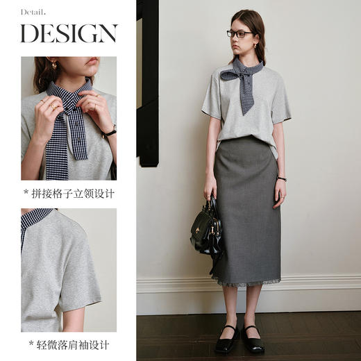 OLrain欧芮儿拼接格子高知风短袖T恤夏季2025新款通勤风灰色上衣 商品图1