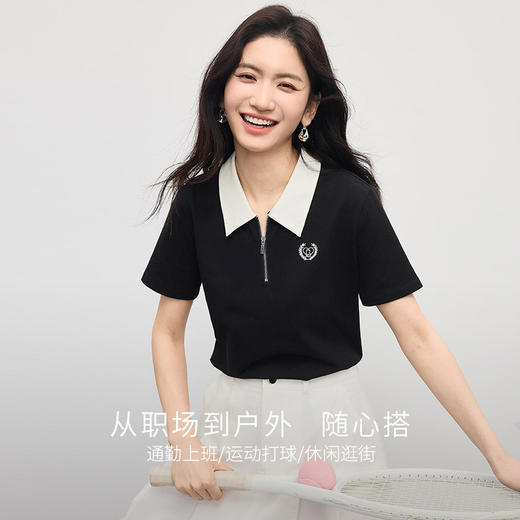 【初夏新品】熙世界学院风半拉链撞色POLO领T恤女设计感短袖正肩上衣2025夏季 商品图1