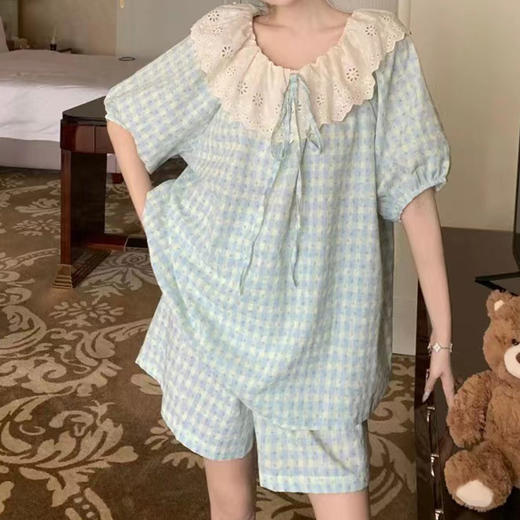 【蕾丝点缀！显玲珑】睡衣女夏季短袖短裤韩版甜美蕾丝格子家居服套装爆款。ry 商品图2