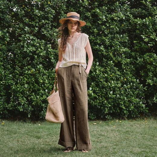 OLrain欧芮儿通勤慵懒高腰条纹休闲裤女夏季2025新款阔腿裤长裤子 商品图2