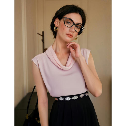 OLrain欧芮儿荡领法式雪纺衫女夏季2025新款高级感优雅堆堆领上衣 商品图2