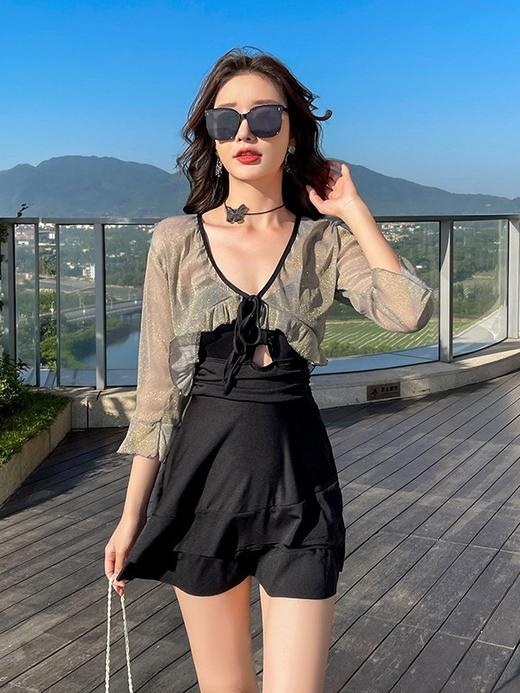 【泳衣连体裙式，保守挂脖设计】新款气质性感泳装 泡温泉女士连体裙式 保守挂脖显瘦 遮肚泳衣-QQ 商品图4