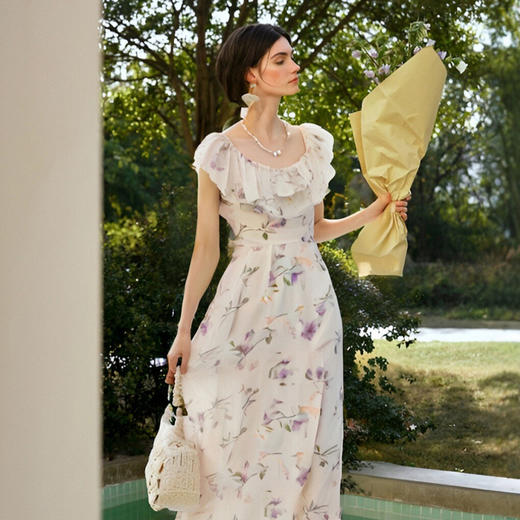 OLrain欧芮儿紫色温柔法式连衣裙女夏季2025新款方领收腰显瘦长裙 商品图3