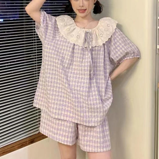 【蕾丝点缀！显玲珑】睡衣女夏季短袖短裤韩版甜美蕾丝格子家居服套装爆款。ry 商品图1