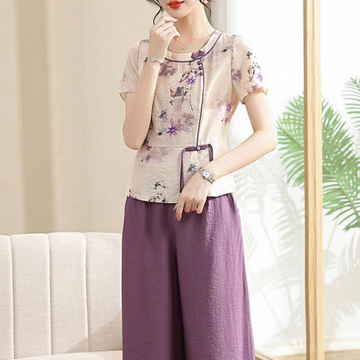 对音夏季休闲透气宽松大码妈妈装新中式盘扣花卉套装JK-Z2357 商品图3