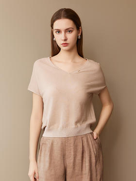 【棉丝麻混纺针织上衣】25年夏季新品女士V领短袖上衣薄款舒适毛衣