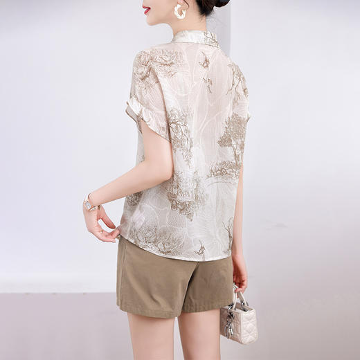 丁摩 真丝上衣女短袖夏装新款法式印花设计感百搭桑蚕丝衬衫女5ZF-10019 商品图3