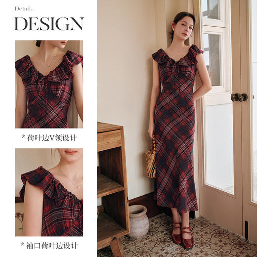 OLrain欧芮儿红格法式荷叶边修身连衣裙女夏季2025新款无袖茶歇裙 商品图2