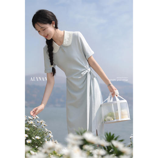 【6折秒杀】鹿向南「木浦夏日」气质翻领女夏连衣裙宽松短袖收腰侧开叉长款裙DYL661811 商品图2