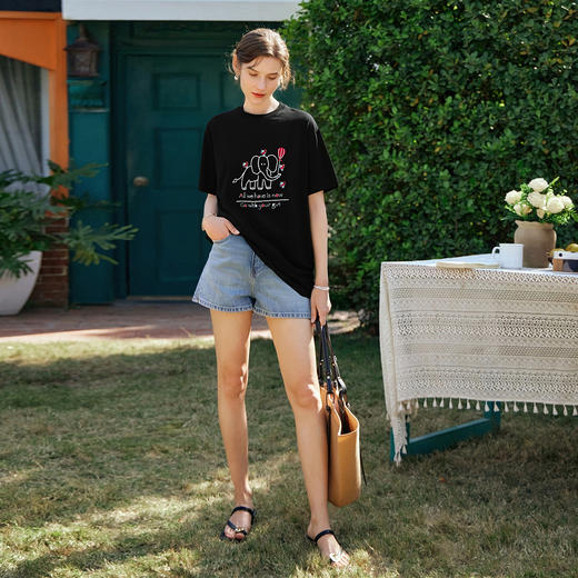 OLrain欧芮儿黑色绣花设计感T恤女夏季2025新款宽松显瘦洋气上衣 商品图3