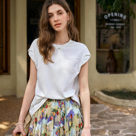 OLrain欧芮儿花瓣袖显瘦T恤夏季2025新款剌绣蕾丝口袋设计上衣女