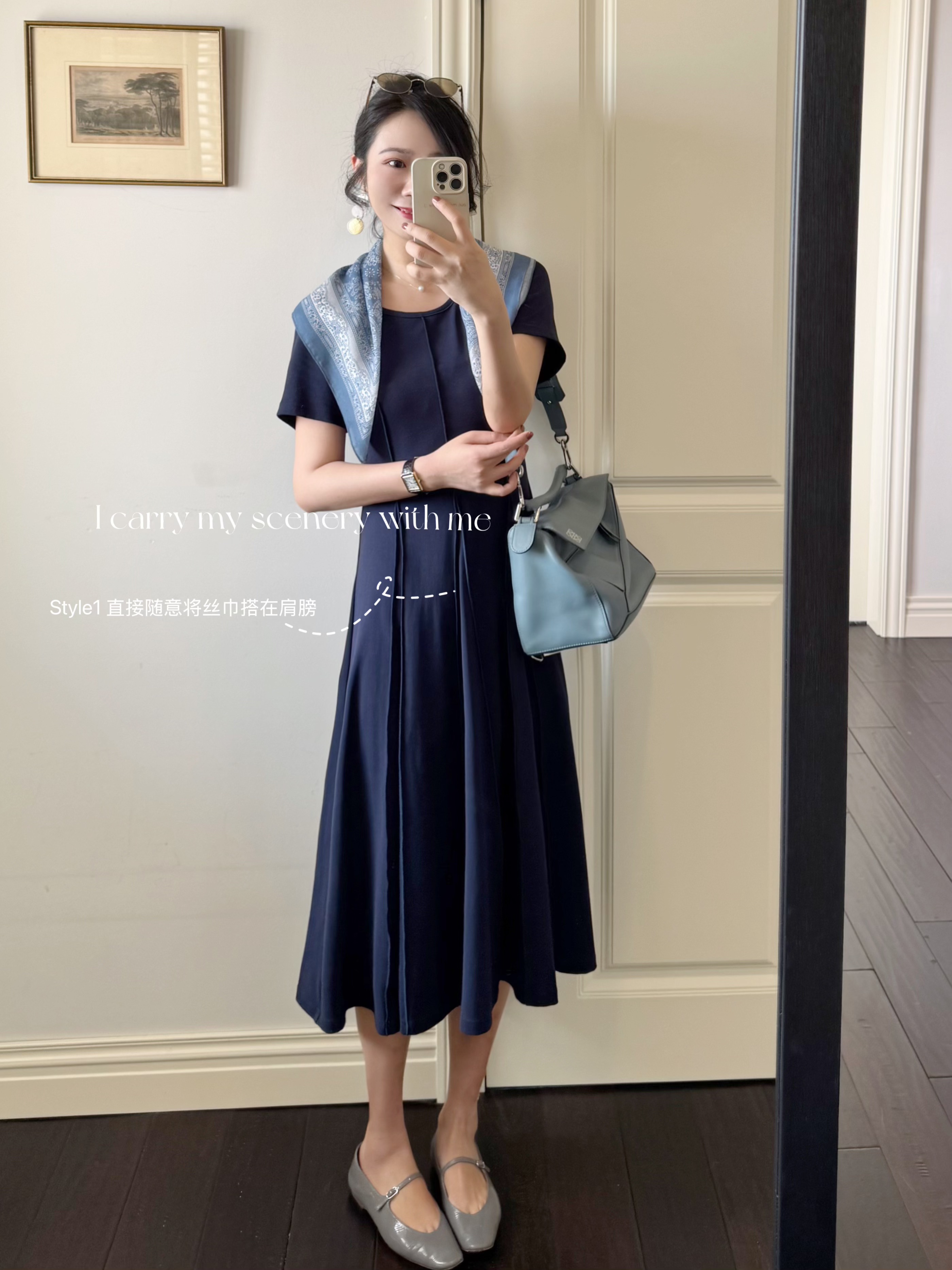 随身携带你的风景 | 简约通勤+黄金分割+舒适透气针织连衣裙 配丝巾 藏青色