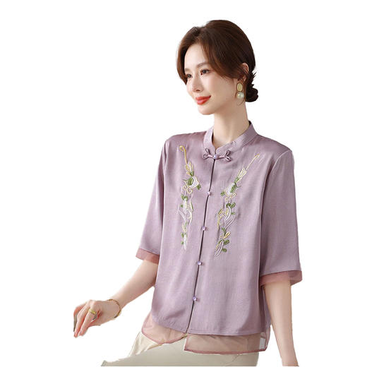 对音夏款时尚大码妈妈装立领盘扣刺绣衫新中式上衣JK-N2550 商品图3