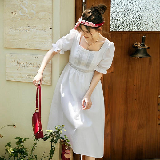 OLrain欧芮儿法式田园米白色短袖方领连衣裙女夏季2025新款小白裙 商品图2